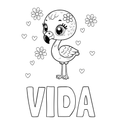 Online izdelana pobarvanka - Pobarvanka imena VIDA in pobarvanka mladička flaminga z rožicami in srčki