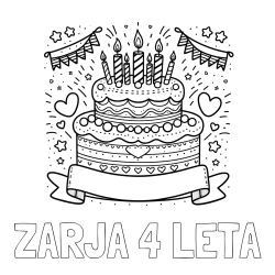 Online izdelana pobarvanka - Pobarvanka imena ZARJA 4 LETA in pobarvanka velike torte za rojstni dan