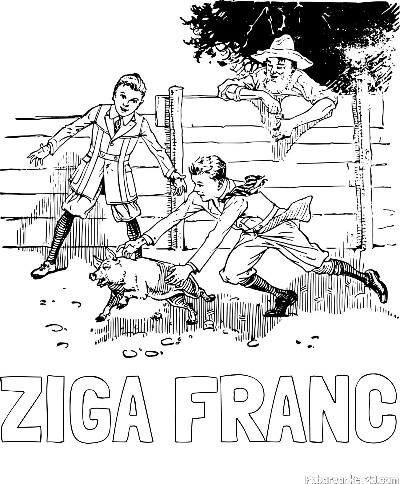 Pobarvanka imena ŽIGA FRANC in pobarvanka dveh dečkov, ki lovita majhnega prašička