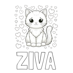 Online izdelana pobarvanka - Pobarvanka imena ŽIVA in pobarvanka ljubke mucke obdane s srčki