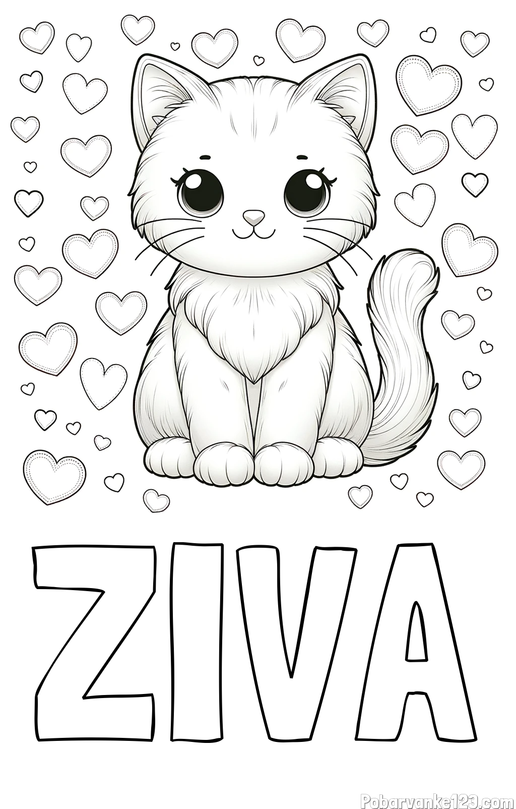 Pobarvanka imena ŽIVA in pobarvanka ljubke mucke obdane s srčki