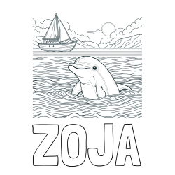 Online izdelana pobarvanka - Pobarvanka imena ZOJA in pobarvanka delfina v morju ter jadrnice