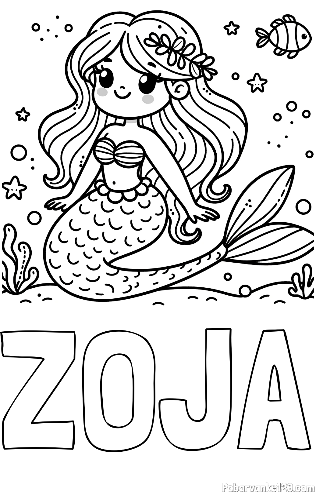 Pobarvanka imena ZOJA in pobarvanka ljubke morske deklice v morju