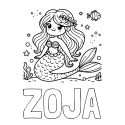 Online izdelana pobarvanka - Pobarvanka imena ZOJA in pobarvanka ljubke morske deklice v morju