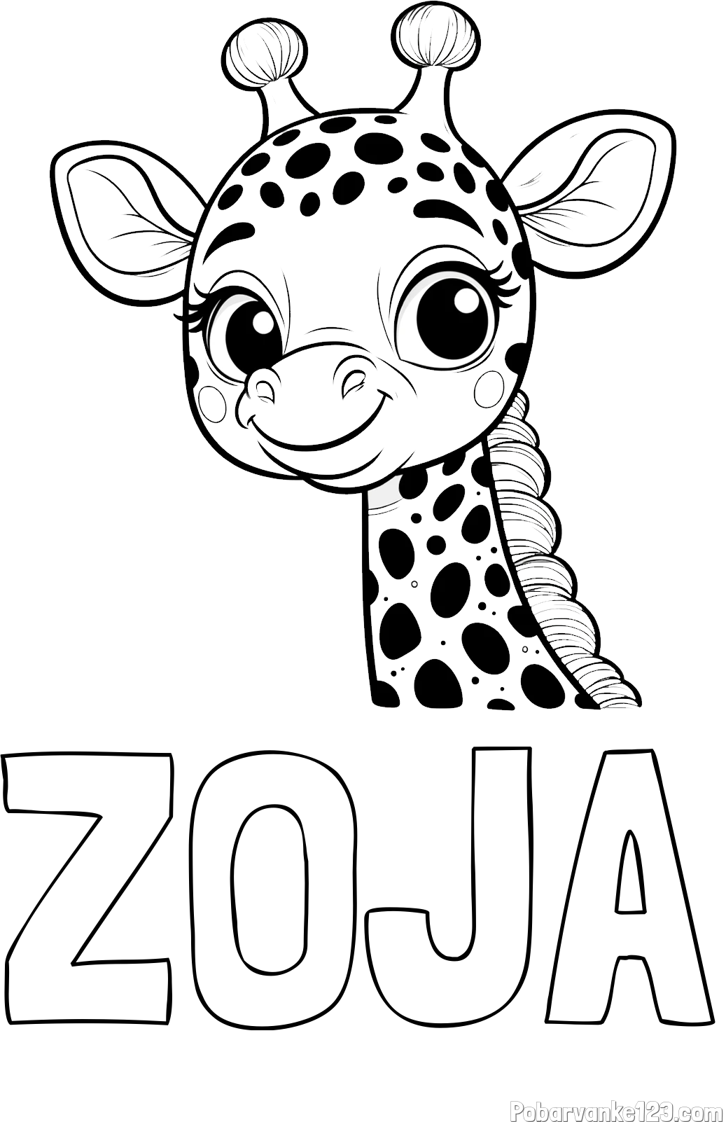 Pobarvanka imena ZOJA in pobarvanka ljubke žirafe z velikimi očmi