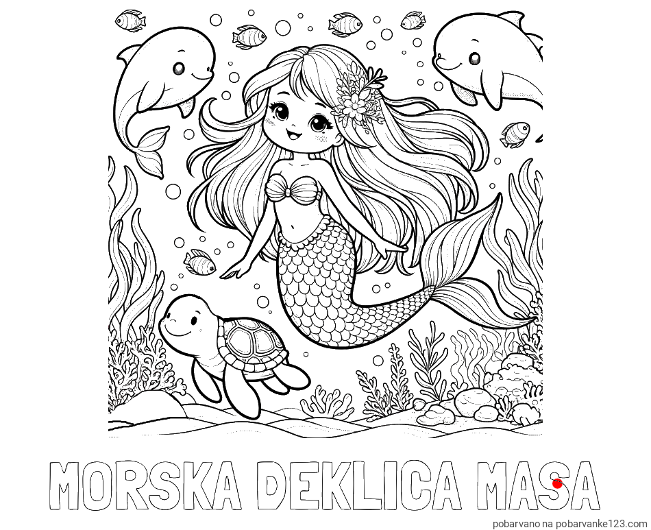 POBARVANA POBARVANKA - Pobarvanka imena MORSKA DEKLICA MAŠA in pobarvana ljubke morske deklice s prijatelji