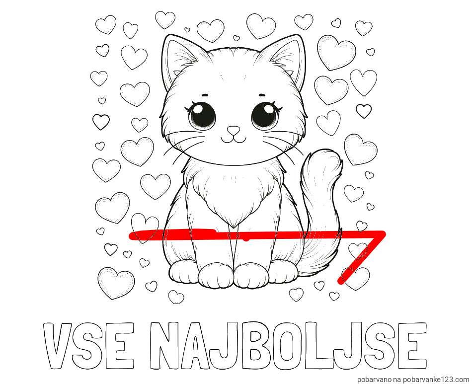 POBARVANA POBARVANKA - Pobarvanka imena VSE NAJBOLJŠE in pobarvanka ljubke mucke obdane s srčki