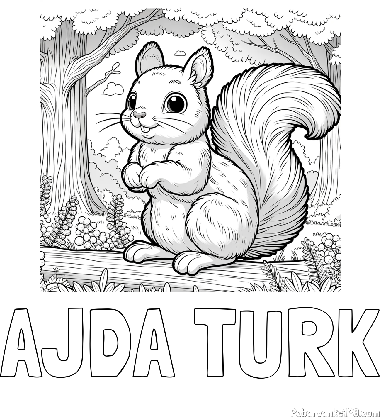 Pobarvanka imena AJDA TURK in pobarvanka veverice v gozdu