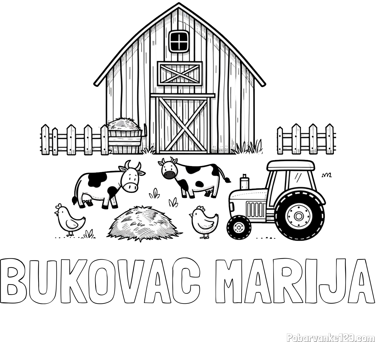 Pobarvanka imena BUKOVAC MARIJA in otroška pobarvanka velikega senika, krav in traktorja
