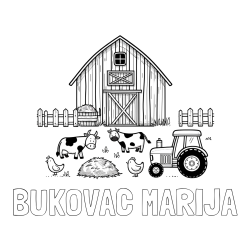 Online izdelana pobarvanka - Pobarvanka imena BUKOVAC MARIJA in otroška pobarvanka velikega senika, krav in traktorja