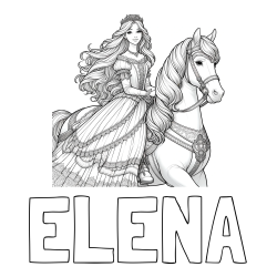 Online izdelana pobarvanka - Pobarvanka imena ELENA in pobarvanka nasmejana princese na konju