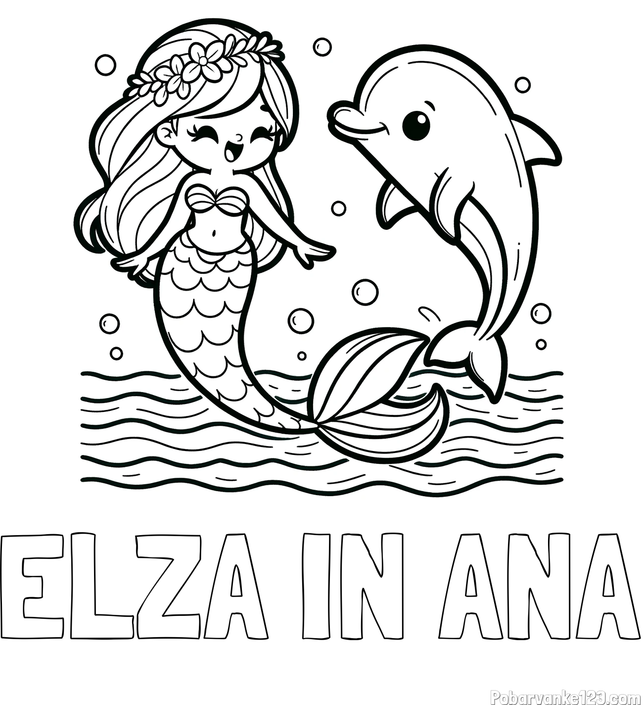 Pobarvanka imena ELZA IN ANA in pobarvanka ljubke morske deklice, ki pleše z delfinom