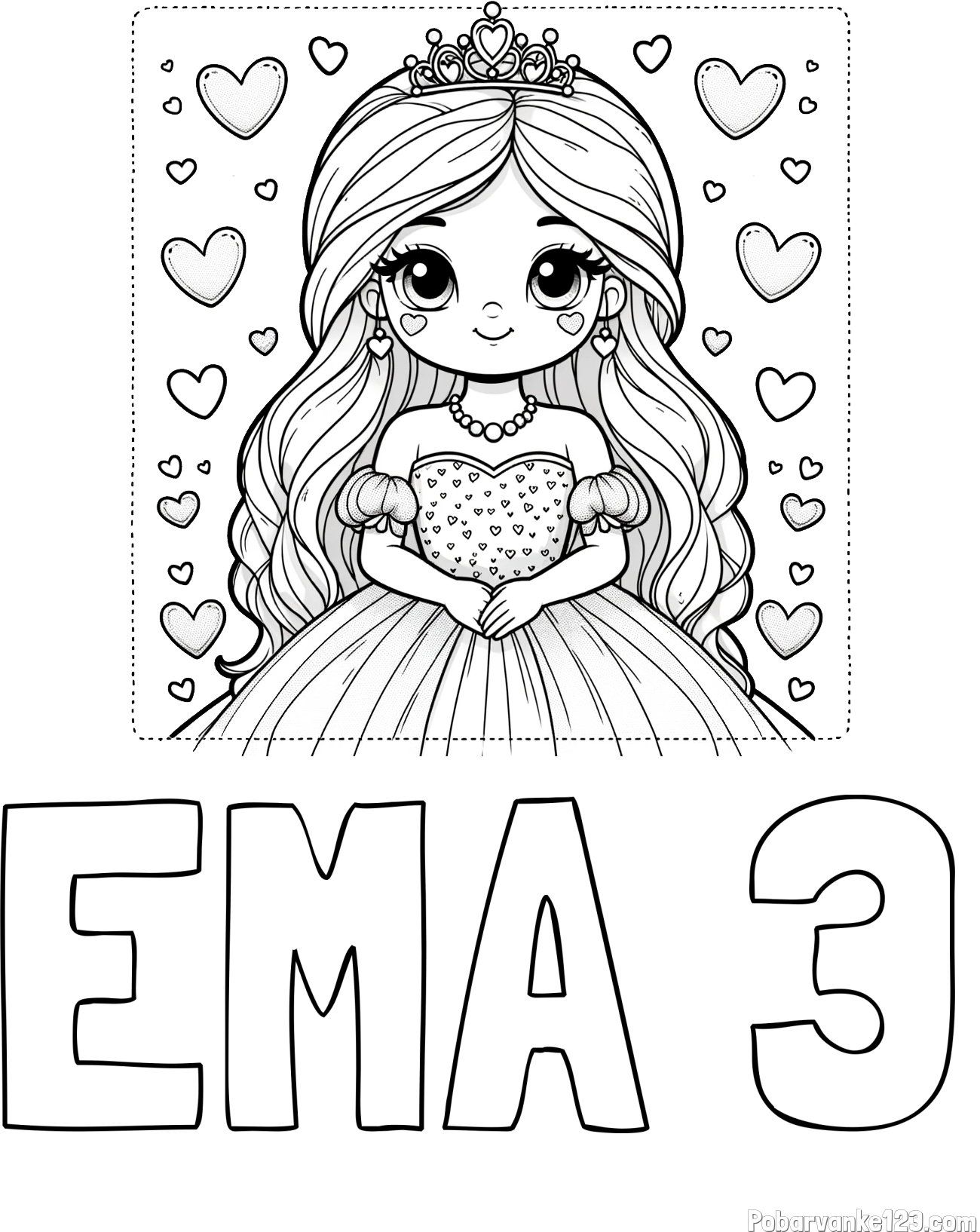 Pobarvanka imena EMA 3 in pobarvanka ljubke princese obdane s srčki