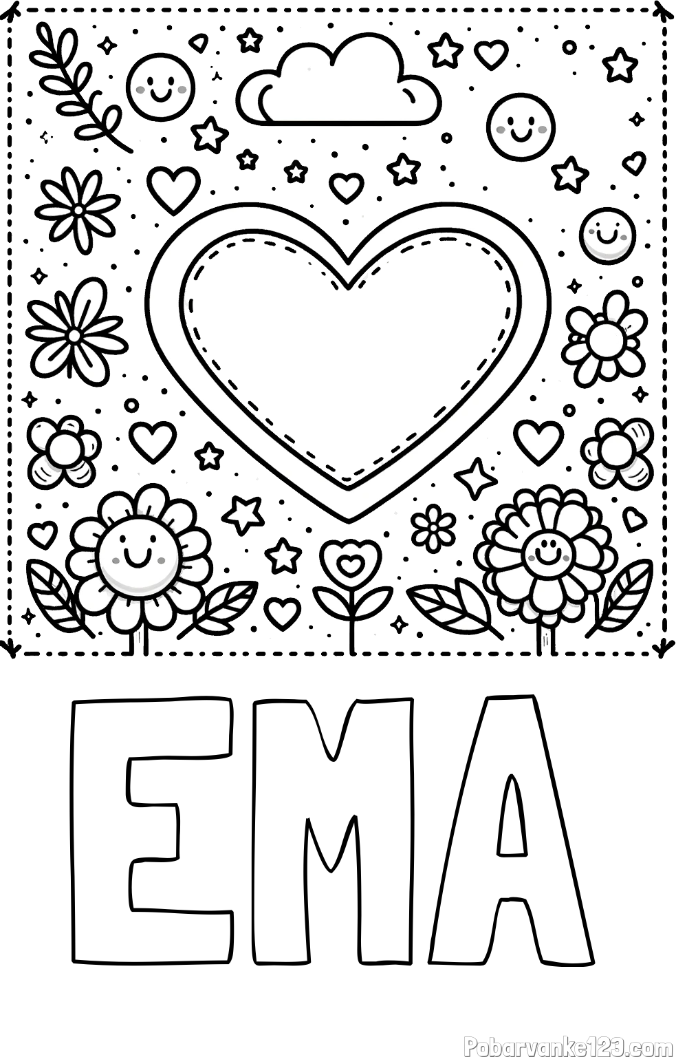 Pobarvanka imena EMA in pobarvanka srčka ter rožic