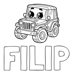 Online izdelana pobarvanka - Pobarvanka imena FILIP in otroška pobarvanka nasmejanega jeep-a