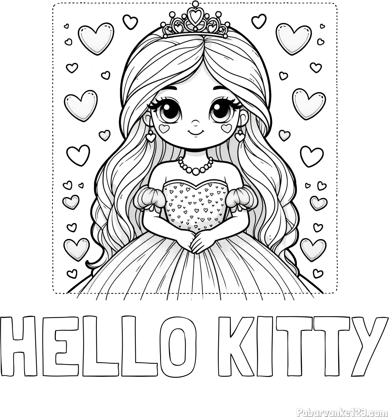 Pobarvanka imena HELLO KITTY in pobarvanka ljubke princese obdane s srčki