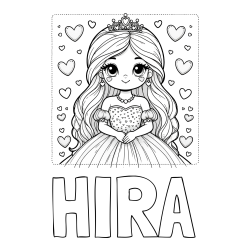 Online izdelana pobarvanka - Pobarvanka imena HIRA in pobarvanka ljubke princese obdane s srčki