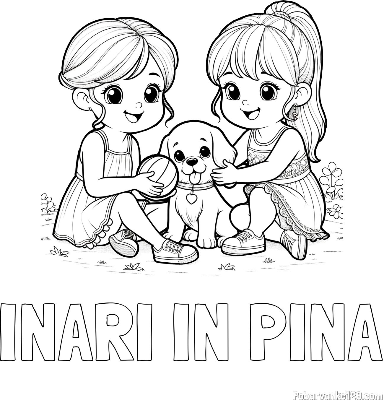 Pobarvanka imena INARI IN PINA in pobarvanka prijateljic s kužkom