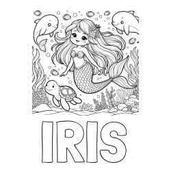 Online izdelana pobarvanka - Pobarvanka imena IRIS in pobarvana ljubke morske deklice s prijatelji