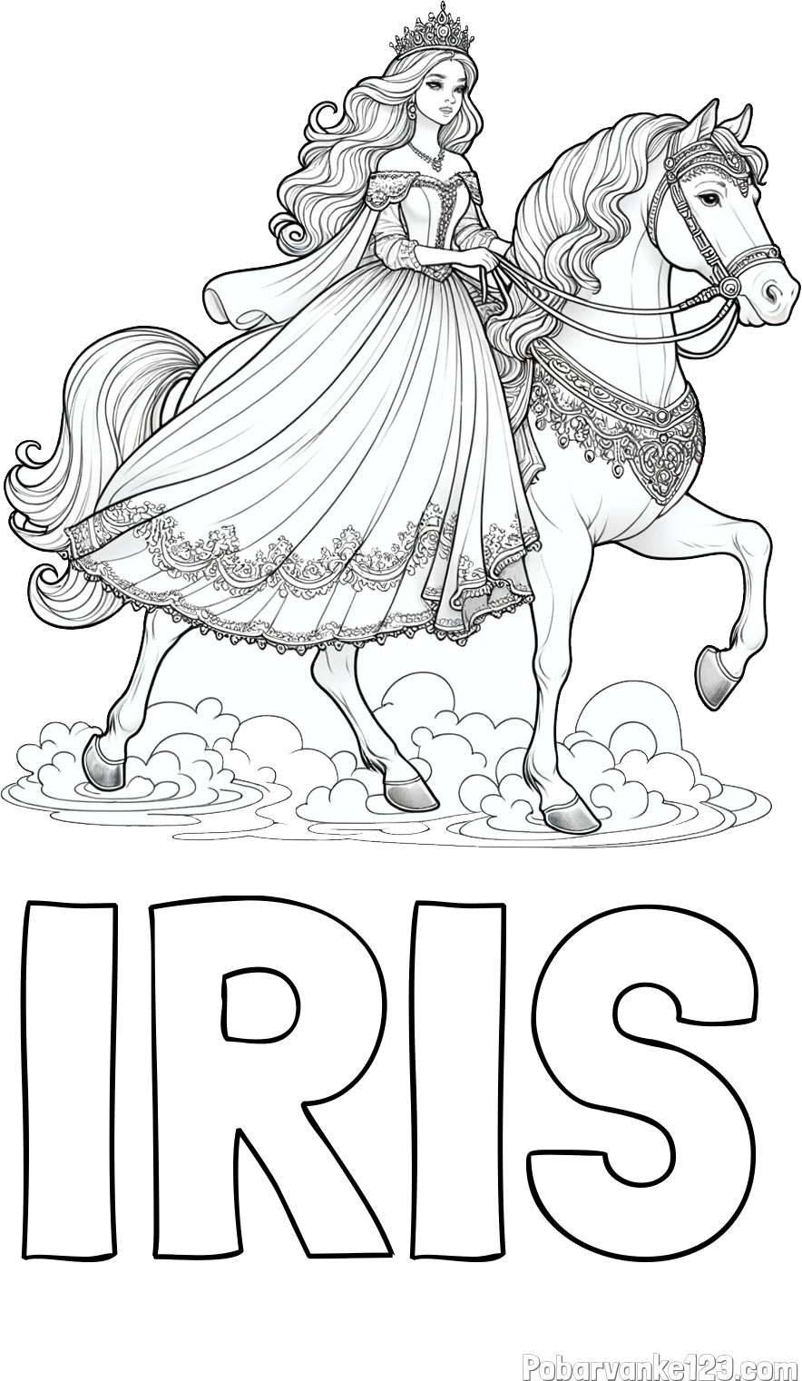 Pobarvanka imena IRIS in pobarvanka princese na konju