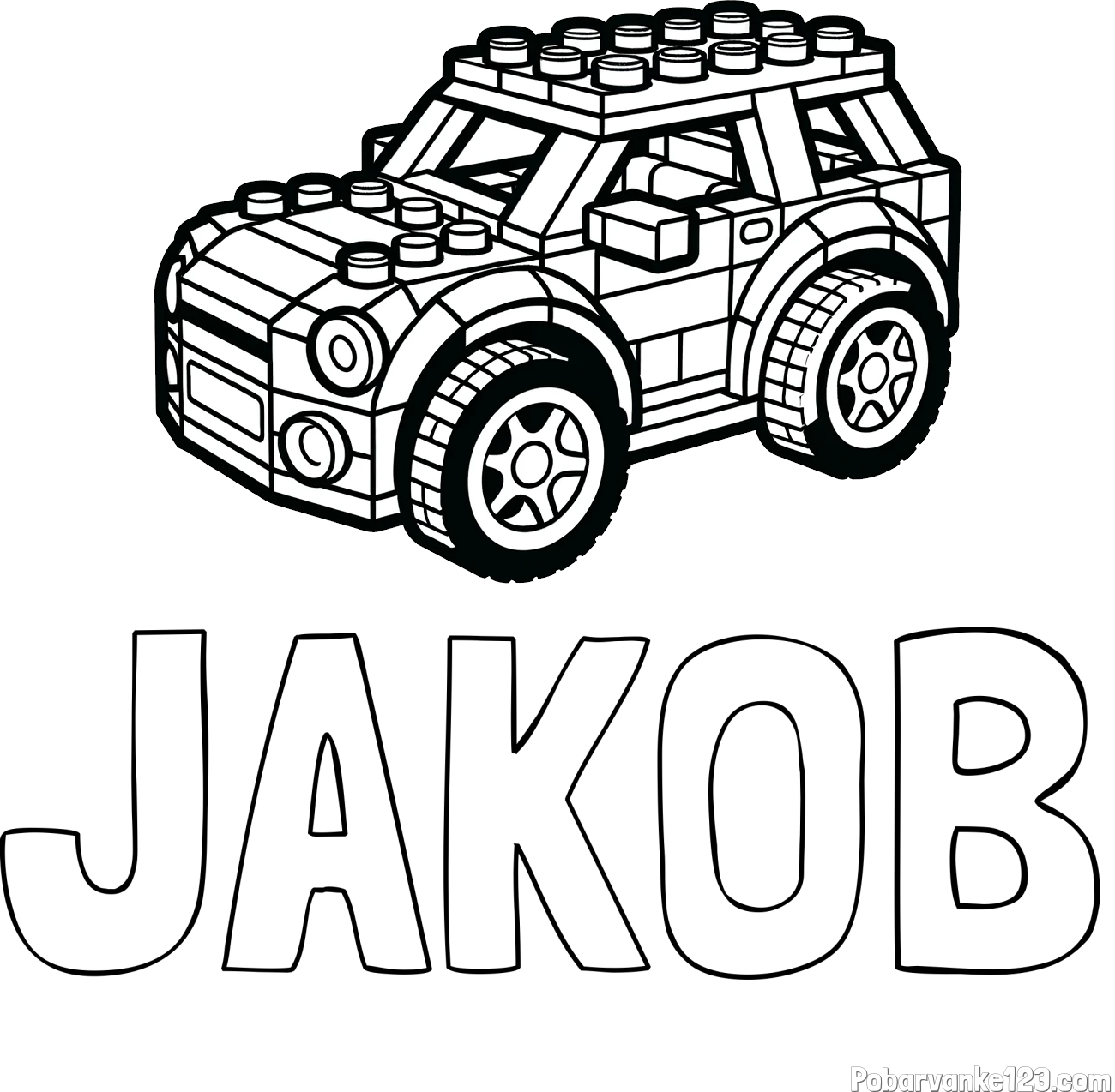Pobarvanka imena JAKOB in pobarvanka avtomobila sestavljenega iz LEGO kock