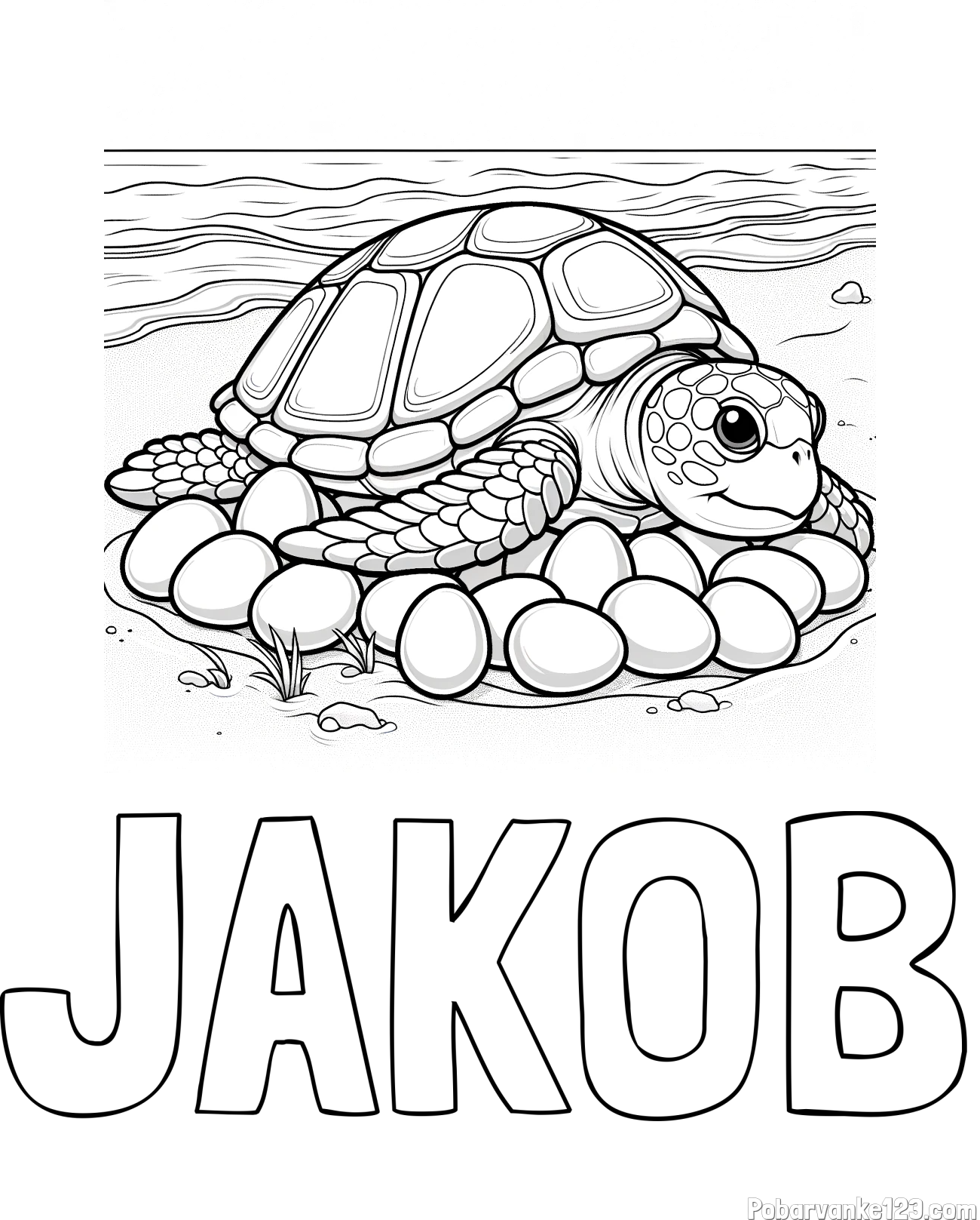 Pobarvanka imena JAKOB in pobarvanka želve na obali