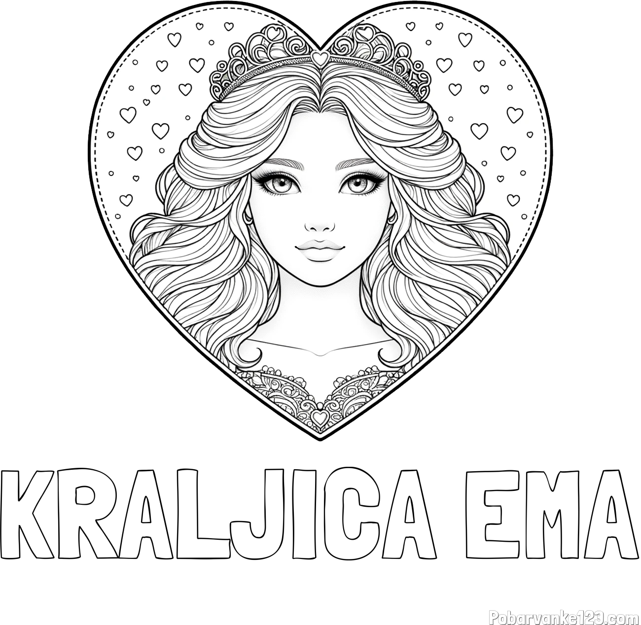 Pobarvanka imena KRALJICA EMA in pobarvanka ljubke princese v srčku