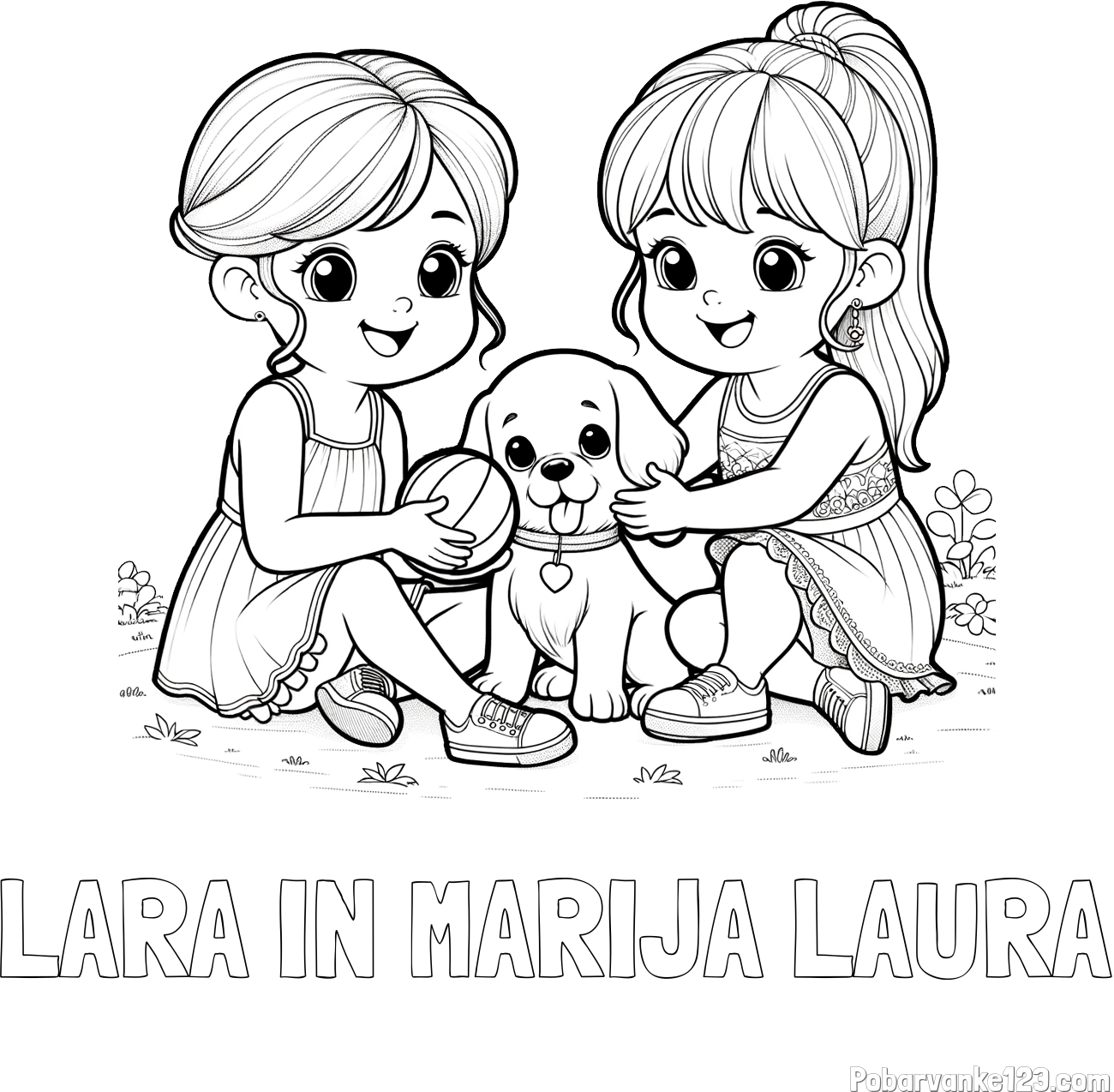 Pobarvanka imena LARA IN MARIJA LAURA in pobarvanka prijateljic s kužkom