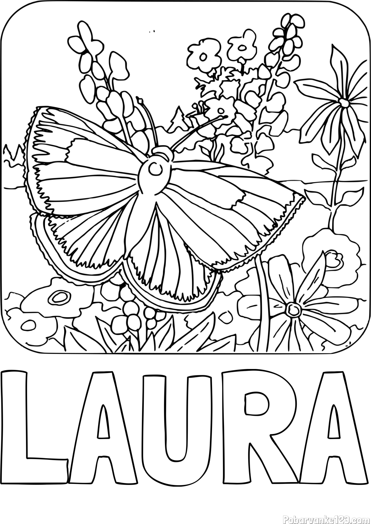 Pobarvanka imena LAURA in pobarvanka metulja v naravi