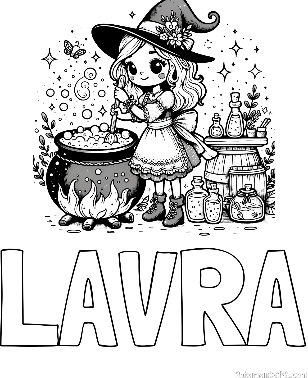 Pobarvanka imena LAVRA in pobarvanka prikupna čarovnica, ki pripravlja čarobni napoj