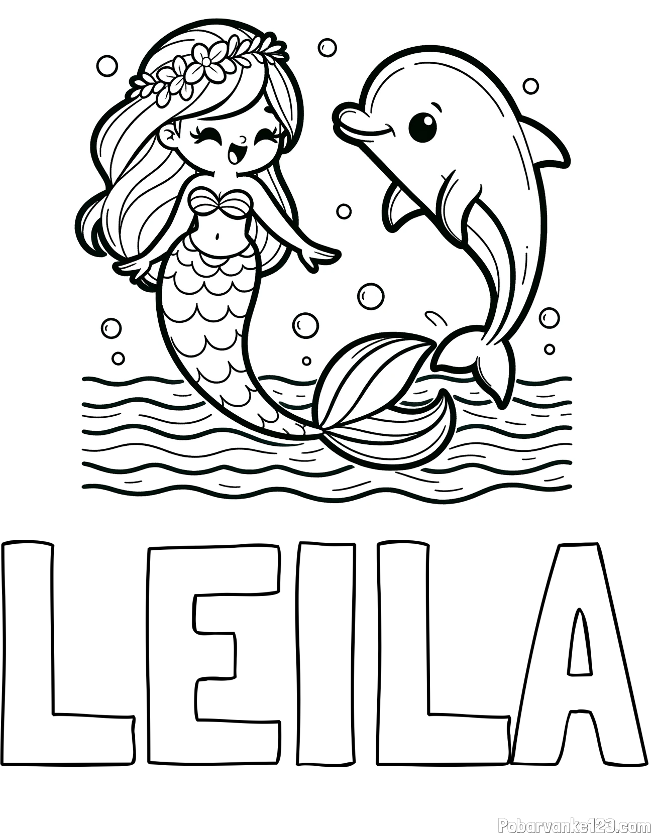 Pobarvanka imena LEILA in pobarvanka ljubke morske deklice, ki pleše z delfinom