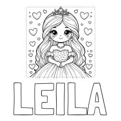 Online izdelana pobarvanka - Pobarvanka imena LEILA in pobarvanka ljubke princese obdane s srčki