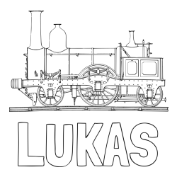 Online izdelana pobarvanka - Pobarvanka imena LUKAS in pobarvanka realistično upodobljene lokomotive