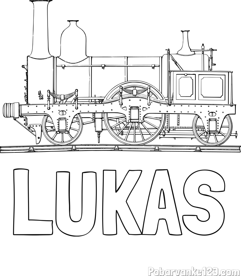 Pobarvanka imena LUKAS in pobarvanka realistično upodobljene lokomotive