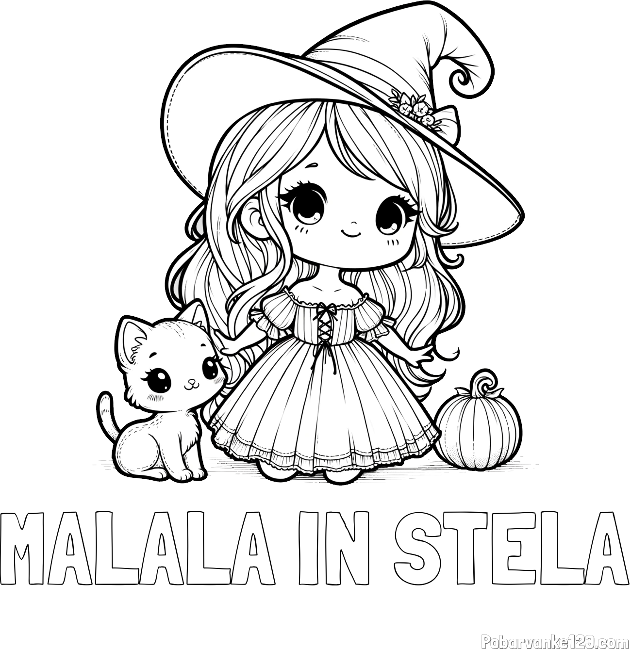 Pobarvanka imena MALALA IN STELA in pobarvanka ljubke čarovnice, muce in buče