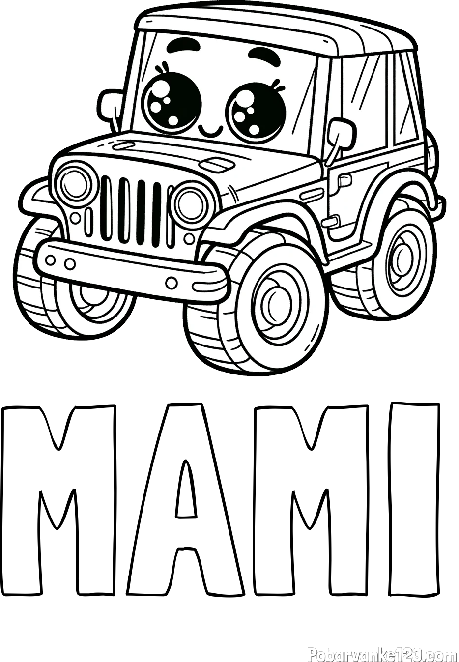 Pobarvanka imena MAMI in otroška pobarvanka nasmejanega jeep-a