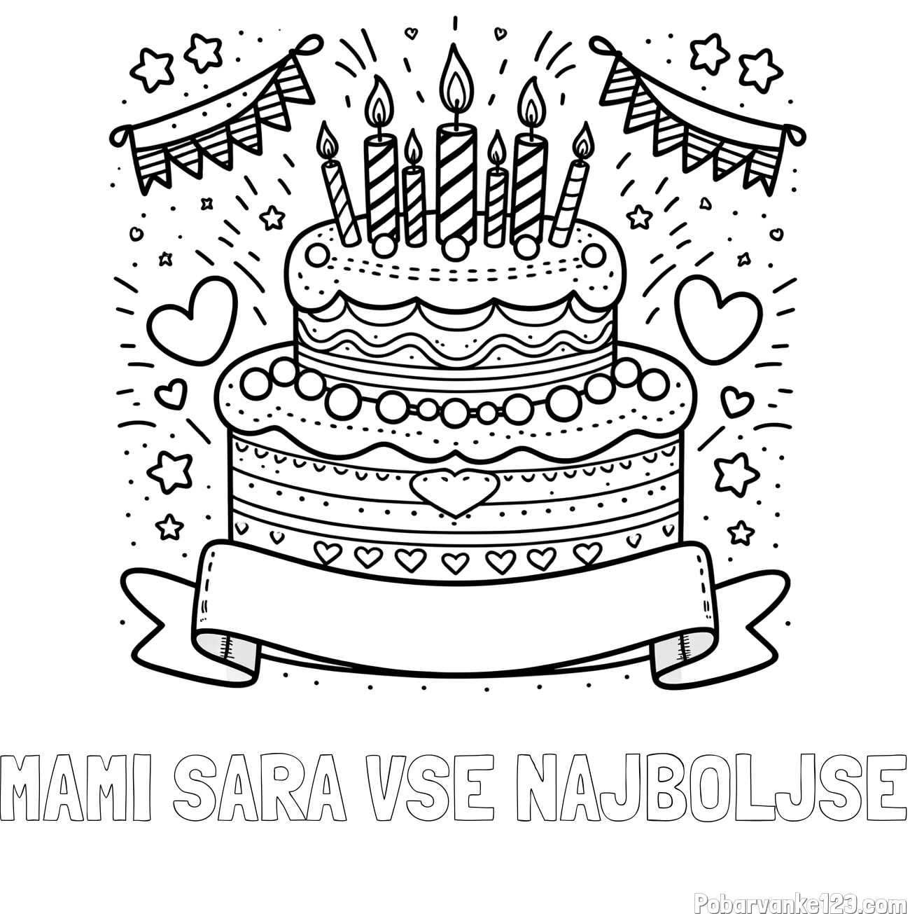 Pobarvanka imena MAMI SARA VSE NAJBOLJŠE in pobarvanka velike torte za rojstni dan