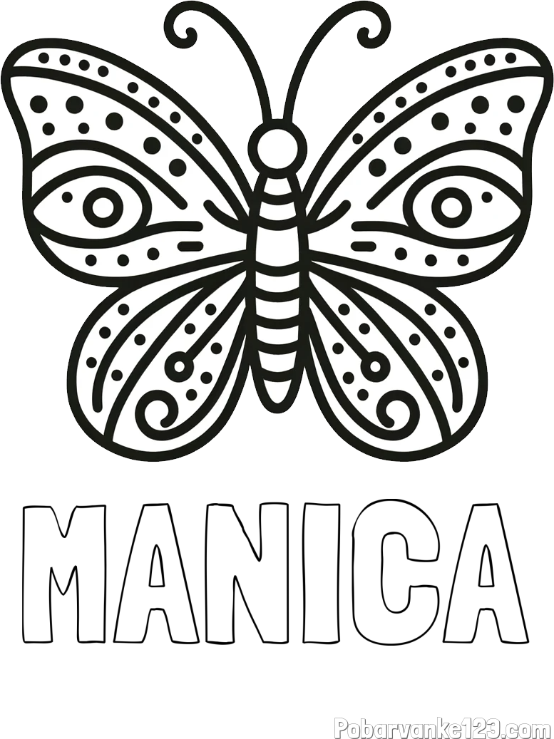 Pobarvanka imena MANICA in preprosta pobarvanka metulja