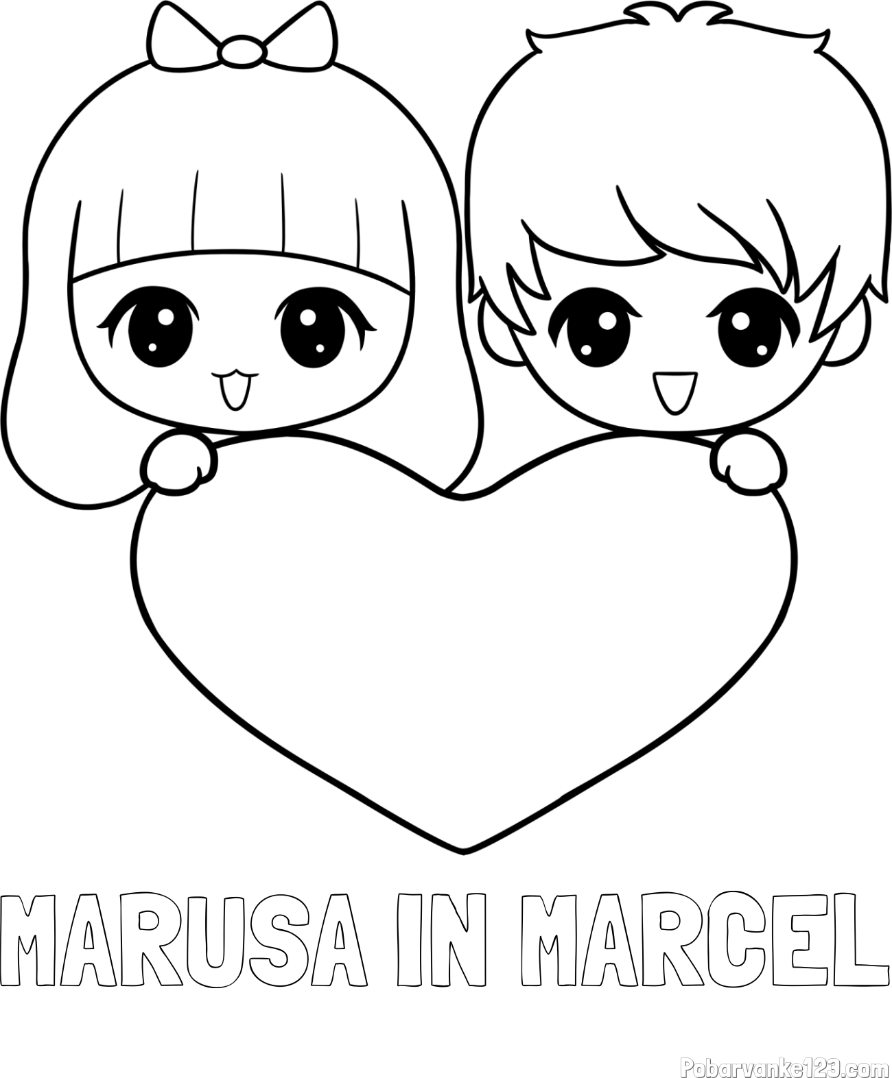 Pobarvanka imena MARUŠA IN MARCEL in pobarvanka fantka in deklice, ki objemata srček