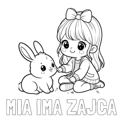 Online izdelana pobarvanka - Pobarvanka imena MIA IMA ZAJCA in pobarvanka ljubke punčke, ki se igra z zajčkom