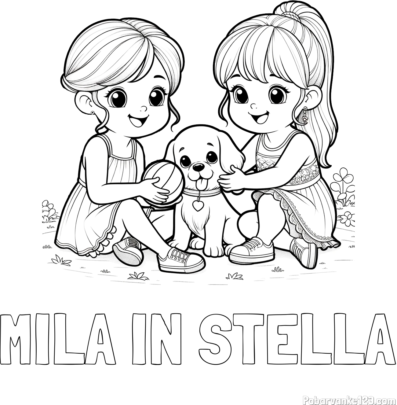 Pobarvanka imena MILA IN STELLA in pobarvanka prijateljic s kužkom