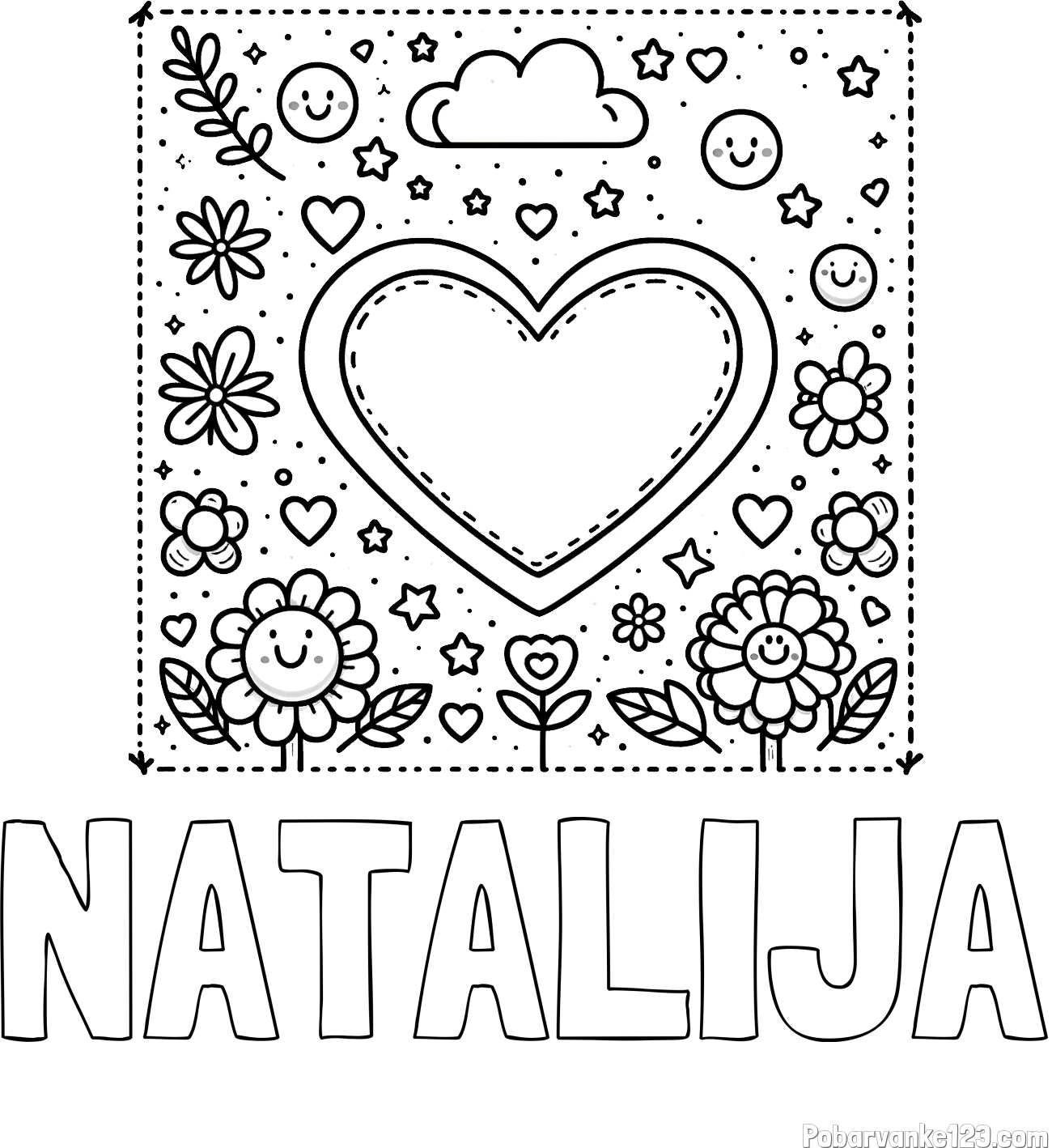 Pobarvanka imena NATALIJA in pobarvanka srčka ter rožic