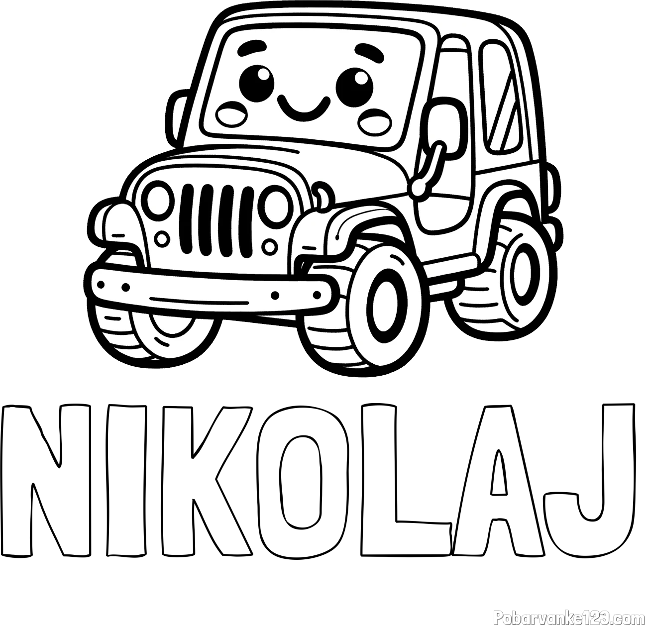 Pobarvanka imena NIKOLAJ in otroška pobarvanka ljubkega džipa