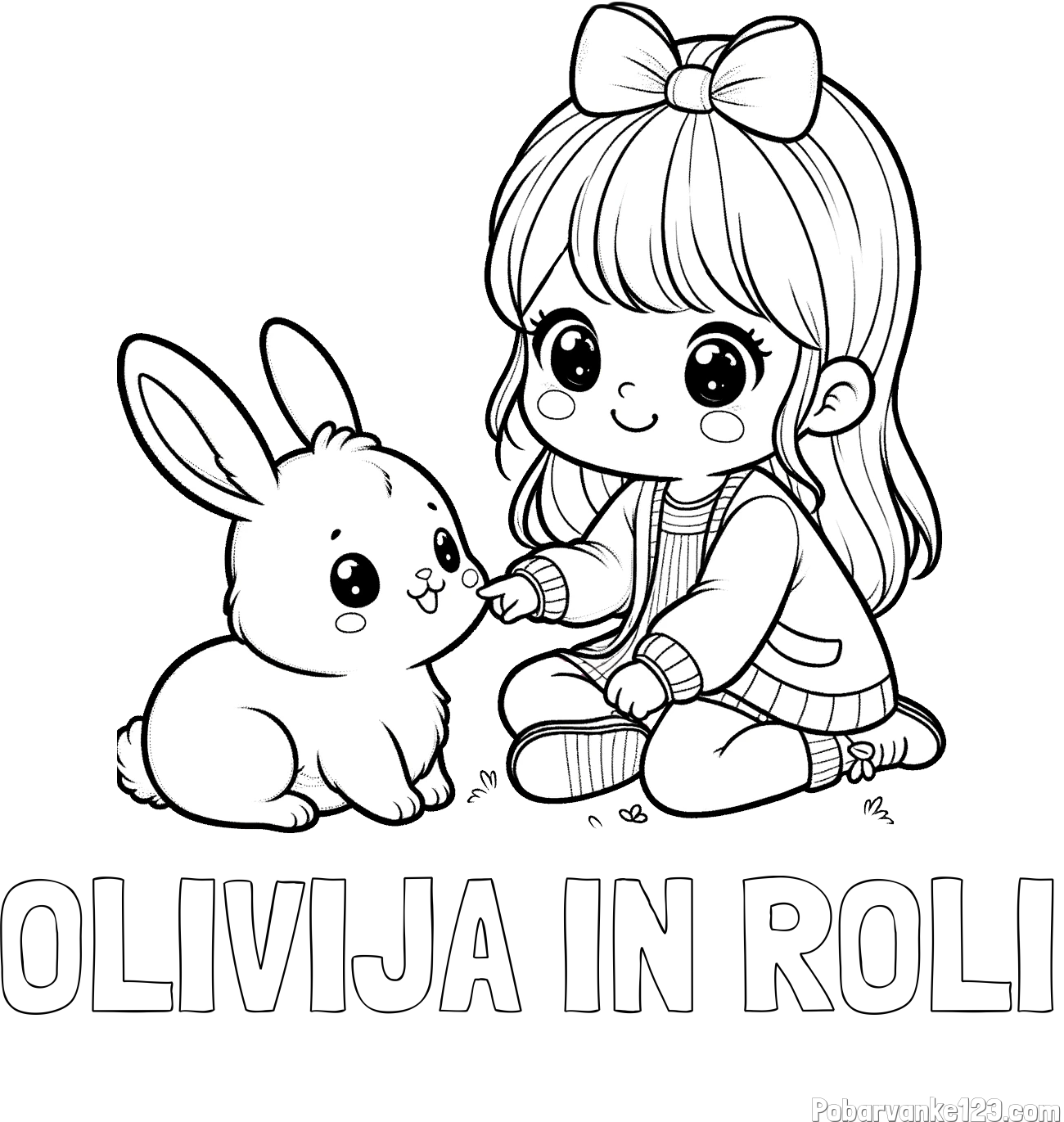 Pobarvanka imena OLIVIJA IN ROLI in pobarvanka ljubke punčke, ki se igra z zajčkom