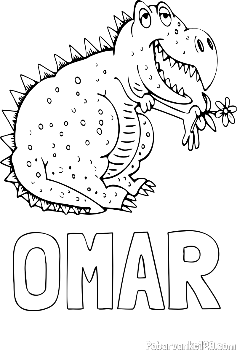 Pobarvanka imena OMAR in pobarvanka veselega dinozavra