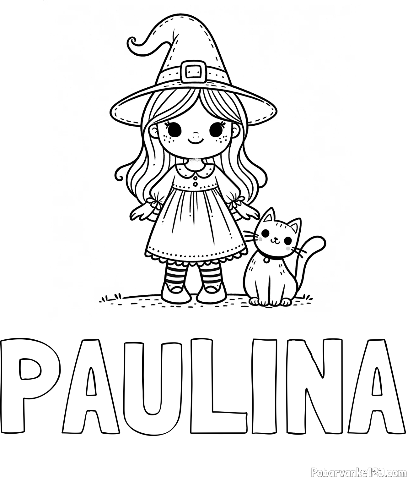 Pobarvanka imena PAULINA in Čudovita pobarvanka ljubke čarovnice in nasmejane mačke