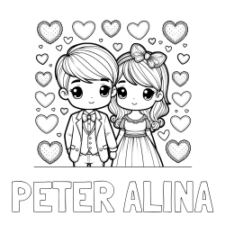 Online izdelana pobarvanka - Pobarvanka imena PETER ALINA in pobarvanka dveh zaljubljencev s srčki