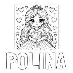 Online izdelana pobarvanka - Pobarvanka imena POLINA in pobarvanka ljubke princese obdane s srčki