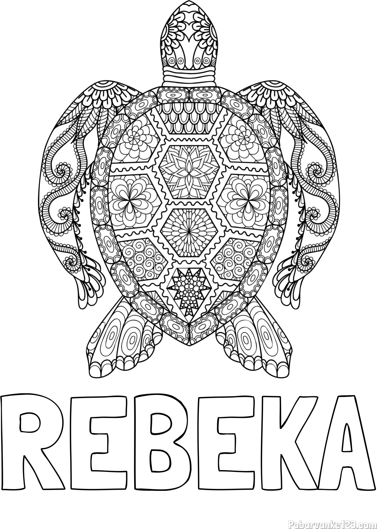 Pobarvanka imena REBEKA in pobarvanka želve - mandale