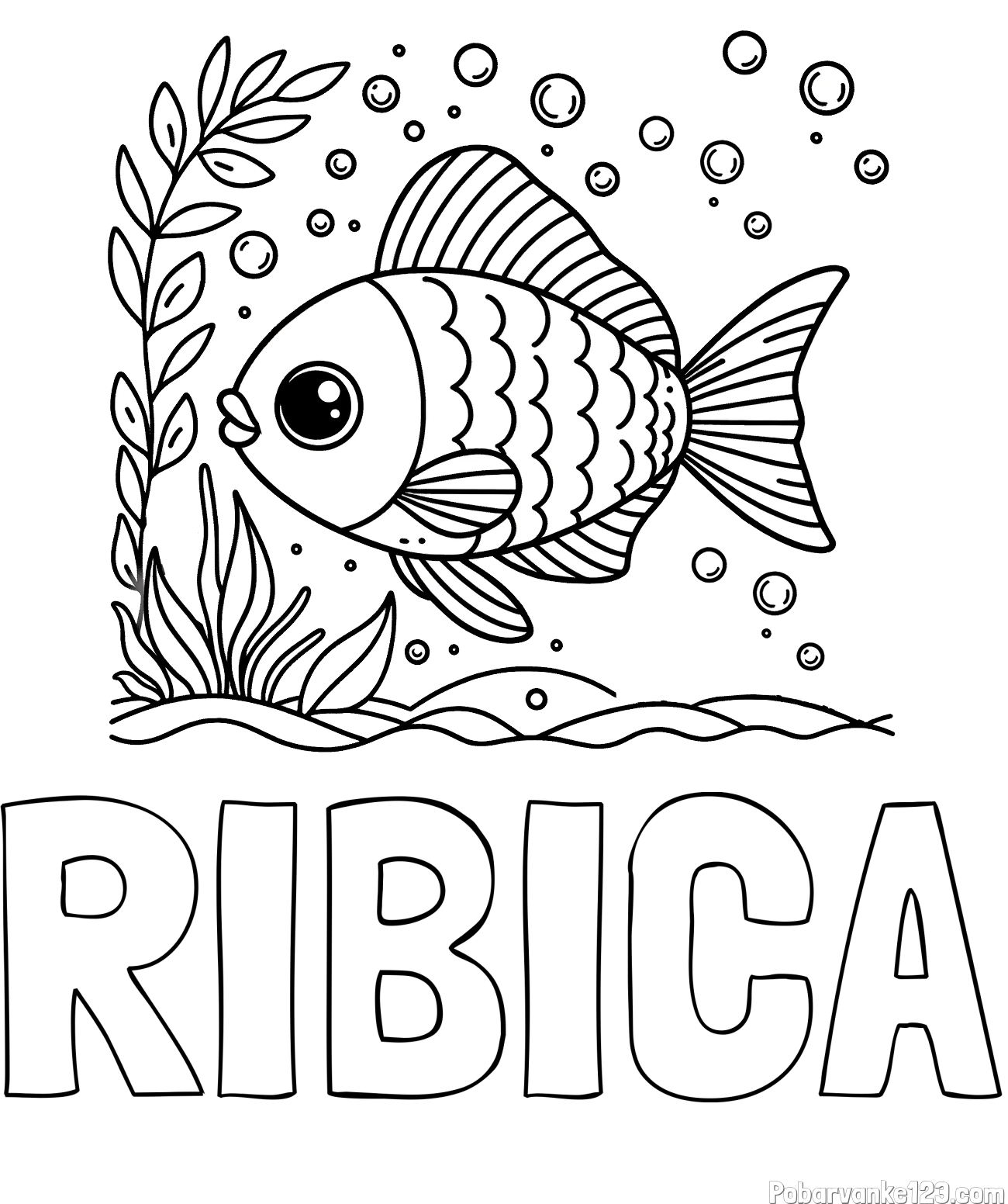 Pobarvanka imena RIBICA in otroška pobarvanka ljubke ribe